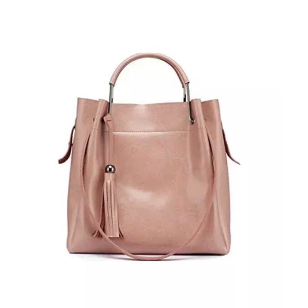2-in-1 Womens Pink Synthetic leather Handbag Large Tote Shoulder Bag w/ Tassels.